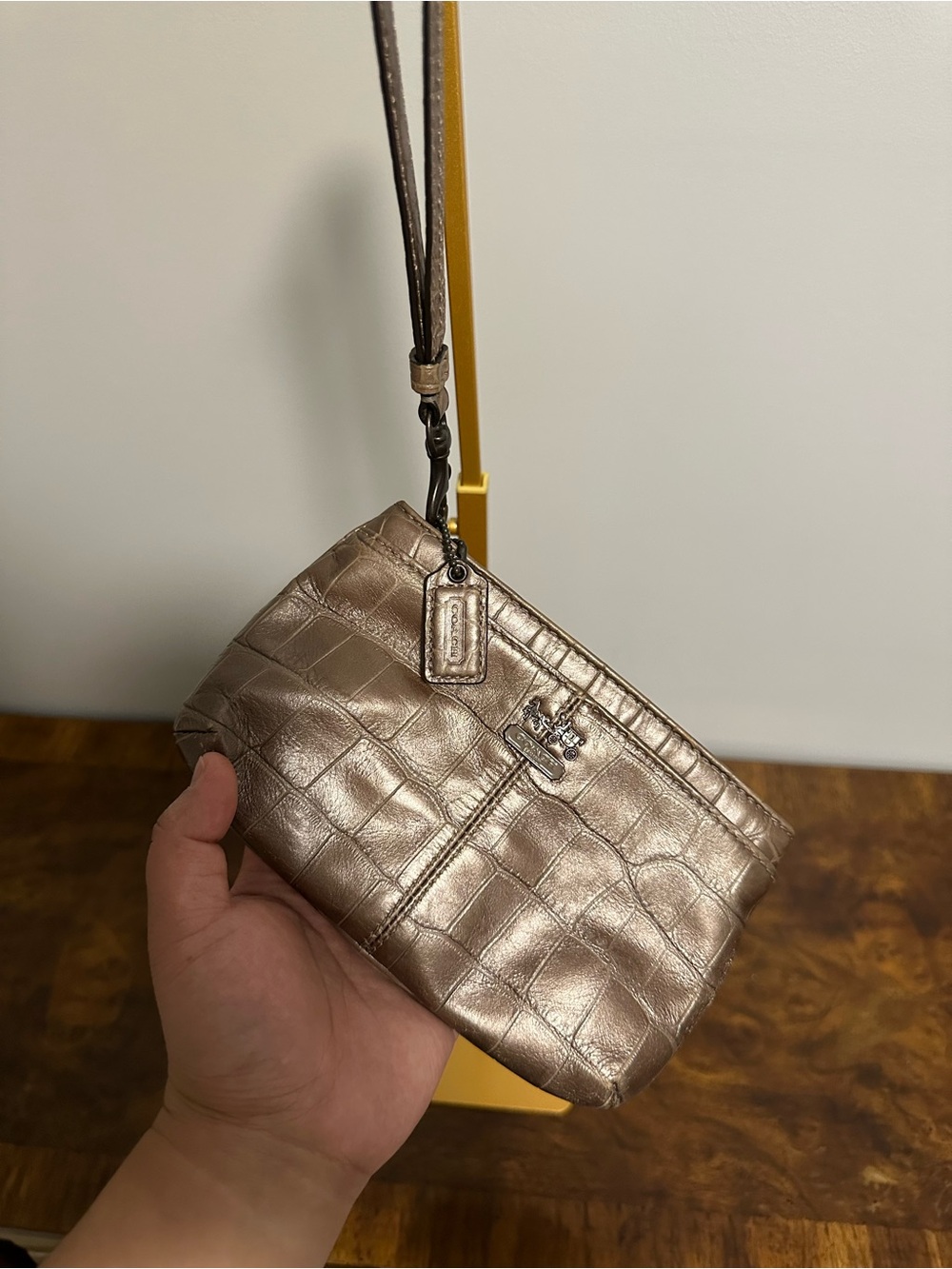 Coach Metallic Croc-Embossed Wristlet - Champagne